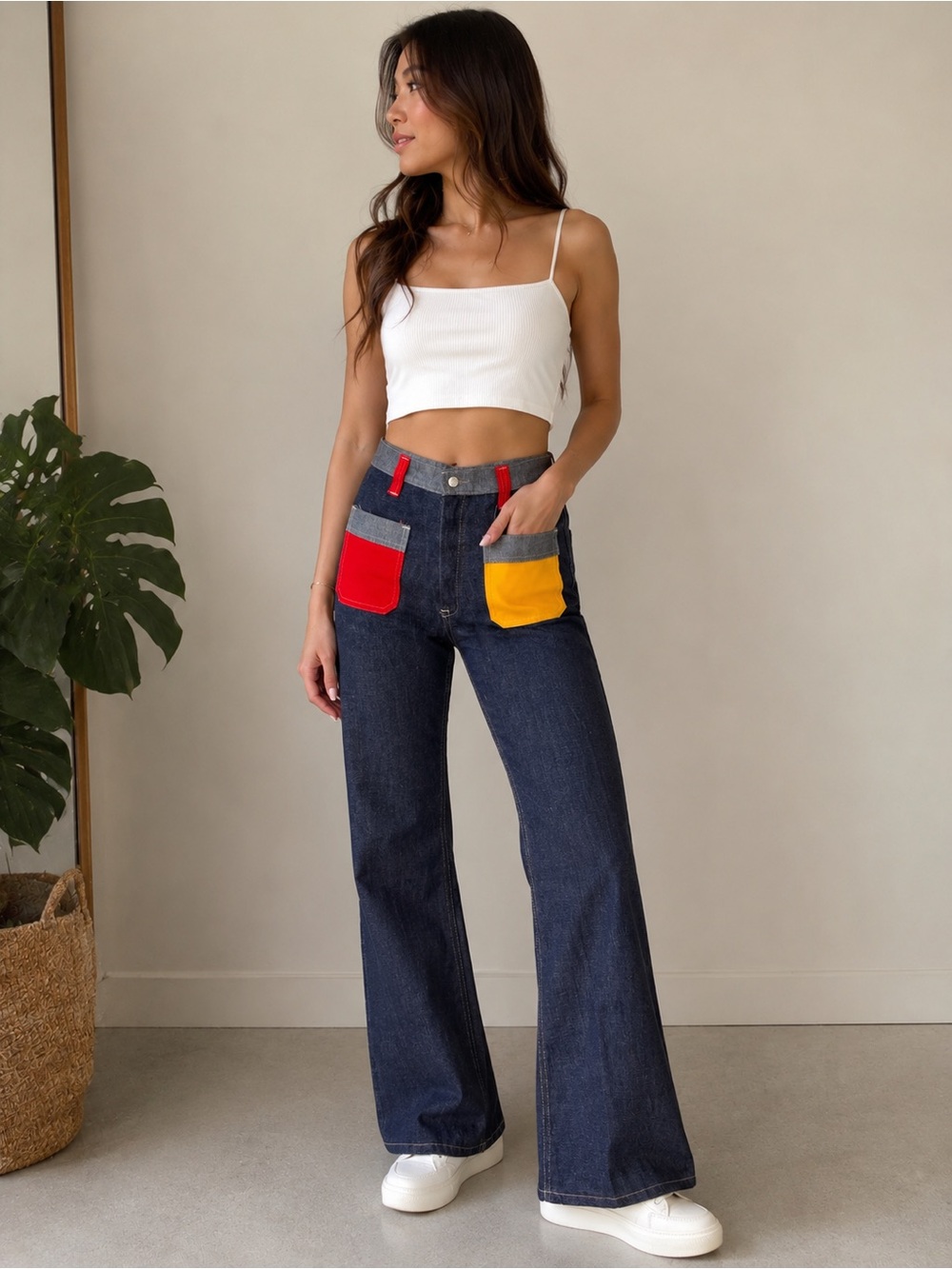 High-Waist Dark Blue Jeans with Red & Yellow Patch Pockets